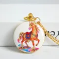 Gold tone retro quartz pocket watch with traditional Chinese horse graphic and chain. - [Lucky] Colorful Auspicious Clouds - Horse