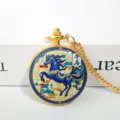 Golden Chinese zodiac horse pocket watch necklace, vintage enamel quartz watch for gifts. - Horse