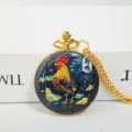 Golden Chinese zodiac rooster pocket watch necklace with vintage chain quartz timepiece gift - Rooster