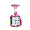 Silicone nurse fob watch with square dial and floral print, quartz movement pin watch. - Pink Purple Green Print