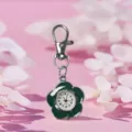 Green sunflower keychain watch, cute floral pendant quartz pocket watch with metal clasp. - Green