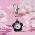 Cute purple enamel sunflower pocket watch keychain, portable student quartz hanging clock. - Purple