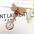Gold bee alloy nurse watch with sparkling pearls and red crystal stones, elegant pocket watch. - Red Bee with Pearls