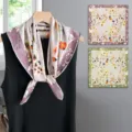 Detailed view of square silk scarf with floral print and multi-color options displayed. - SJ1525-JKF