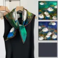 Detailed view of Chinese style printed silk scarf with lotus pattern, elegant fabric texture. - SJ1520-JKF