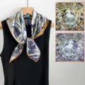 Luxury silk square scarf with geometric horse print, elegant accessory for women and qipao. - SJ1512-JKF