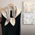 Detail shot of Chinese style printed mulberry silk square scarf, elegant floral pattern design. - SJ1510-JKF