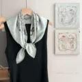 Exquisite Chinese style printed silk square scarf, elegant floral texture detail view. - SJ1521-JKF