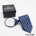 Men's blue striped zipper necktie with gift box, easy pull knotless business tie. - Dark Blue Diagonal Striped (L7XH139P)