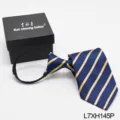 Men's blue gold striped zipper tie pre-tied lazy necktie business professional formal - Blue Gold Striped (L7XH145P)