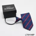 Blue men's pre-tied zipper necktie with red stripes, narrow professional business lazy tie. - Blue Red Striped (L7XH146P)