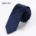 Classic navy blue herringbone pattern slim silk tie with white and red dots for men. - L50H-S11 (Herringbone Dots)