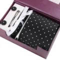 Heren zwart wit gestippelde das set met manchetknopen en pochet in geschenkdoos - Klassiek Zwart Set