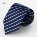 Classic navy blue men's necktie with white and light blue diagonal stripes for formal wear. - Dark Blue White Striped (K4)