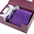 Men's elegant purple dotted tie set with pocket square cufflinks tie clip in gift box. - Elegant Purple Set