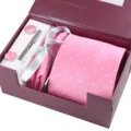 Pink polka dot mens tie set with cufflinks, pocket square and tie clip gift box - New Romantic Pink Set