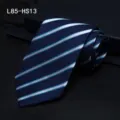 Classic men's silk necktie featuring elegant navy blue with diagonal white and blue stripes. - L85-HS13