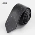 Men's dark grey narrow necktie featuring stylish purple polka dots design for business. - L5019