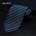Classic navy blue mens silk necktie with green and white diagonal stripes for business. - L85-HS23