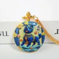 Golden Chinese zodiac dog pocket watch necklace with quartz movement and relief dial design. - Dog