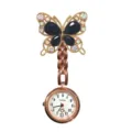 Crystal butterfly nurse fob watch with secure brooch pin and clear dial quartz movement. - Black Butterfly (Rose Gold Case)