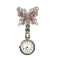 Crystal Butterfly Nurse Watch Silver Tone Quartz Pocket Watch Medical Fob Watch for Nurses. - Pink Butterfly (White Steel Case)