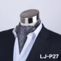 Men's grey paisley cravat ascot tie with white shirt and suit match variant style. - LJ-DM27