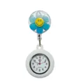 Blue glitter flower nurse pocket watch with yellow smiley face, retractable silicone badge reel. - Y017