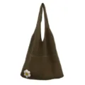 Braune koreanische Strick-Schultertasche im Retro-Stil mit Blume, großer Shopper. - Khaki