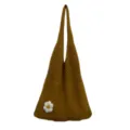 Senfgelbe gestrickte Umhängetasche mit süßer weißer Blume, lässige hohle Mesh Shopper Tasche. - Hellbraun