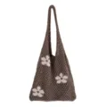 Braune gestrickte Schultertasche mit Lochmuster für Damen, lässige Blumentasche mit Netzdesign. - Khaki