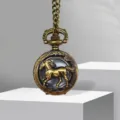 Retro bronze zodiac horse pocket watch with chain, vintage carved alloy pendant variant. - Horse