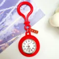 Red silicone nurse fob watch with bulb clip, portable student quartz pocket watch for exam use. - Red