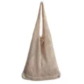 Beige Strick Netz Shopper Tasche Detail, gehäkelte Sommer Strandtasche Schultertasche. - Aprikose