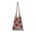 Beige crochet tote bag with red floral pattern, knit shoulder bag for daily casual fashion use. - Apricot