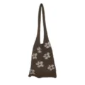 Brown knit flower shoulder bag, casual hollow out knitted tote bag for women daily use. - Khaki