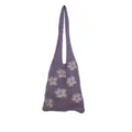 Purple knit crochet tote bag with white flower patterns, stylish casual hollow shoulder bag for women. - Violet