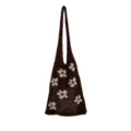 Brown knit tote bag with white floral pattern, hollow out crochet shoulder bag for women. - Coffee
