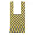 Gelb-lila karierte Strick-Tragetasche Detail, trendige Farbblock lässige Schulterhandtasche. - Gelb und Violett