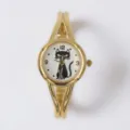 Montre quartz bracelet métal doré avec cadran chat noir mignon pour femme chic et élégante. - Modèle Chat / Or