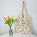 Beige Strick Häkel Tote Tasche, ausgehöhlte Strand Umhängetasche, lässige Stricktasche - Aprikose