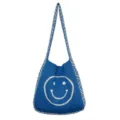Blaues Strick-Umhängetasche mit weißem Smiley-Muster, lässige Stofftasche Detailansicht. - Blau