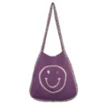 Schöne lila Strick-Umhängetasche mit weißem Smiley-Muster, lässiger Shopper für Damen. - Dunkelviolett