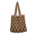 Modische Gestrickte Karierte Handtasche Braun Rosa Damen Shopper Tasche Umhaengetasche - Rosa Kaffee Karo