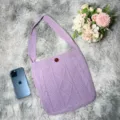 Lila Zopfmuster Schultertasche, lässige einfarbige Shopper Tasche mit Knopfdetail für Damen. - Violett