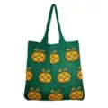 Green knitted tote bag with cute pineapple pattern, casual retro large shoulder bag for women. - Green