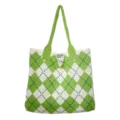 Green White Argyle Knitted Tote Bag Retro Casual Shoulder Bag Large Capacity Woven Handbag - Grass Green