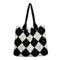 Stylish black and white argyle knit tote bag for women, large capacity shoulder bag. - Black and White