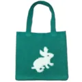 Groene gebreide shopper tas met schattig pluizig konijn motief, casual schoudertas voor vrouwen. - Muntgroen