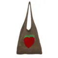 Braune gestrickte Netztasche mit rotem Erdbeermuster für damen und täglichen Gebrauch. - Khaki